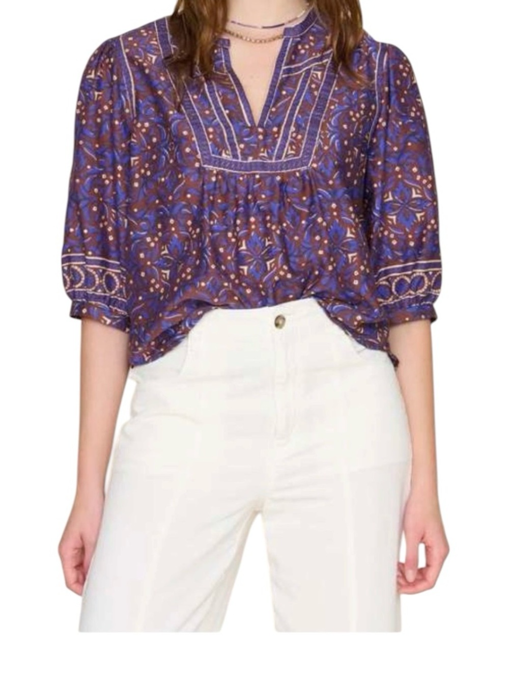 Xirena Lolo Popover Blouse Size XL Royal Brown Cotton Silk Medallion Print